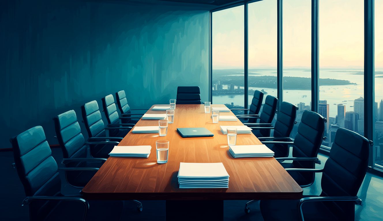 Illustration of an empty boardroom at dawn high above an Australian harbour city, a long table set with papers, water glasses and a closed laptop before a decision
