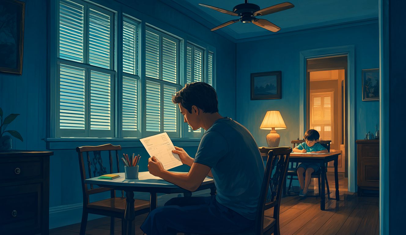 Illustration of a parent reading a paper electricity bill at a table by louvred windows in a Queenslander home at night, a child doing homework in the next room