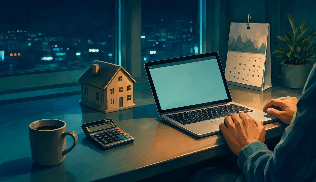 Illustration of a kitchen table at night with a laptop, calculator, coffee mug, small model house and a desk calendar, a parent planning the household budget