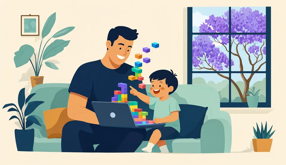 Illustration of a parent and a young child on a couch playing a 3D block puzzle on a laptop, with a jacaranda tree outside the window