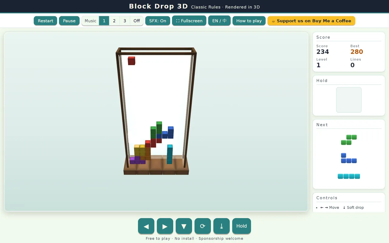 Block Drop 3D in a desktop browser: a 3D glass well with coloured cubes stacked at the bottom, plus Score, Hold and Next panels on the right