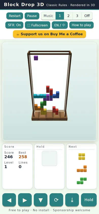 Block Drop 3D on a phone: the 3D well on top, score, hold and next panels below, and big touch buttons along the bottom