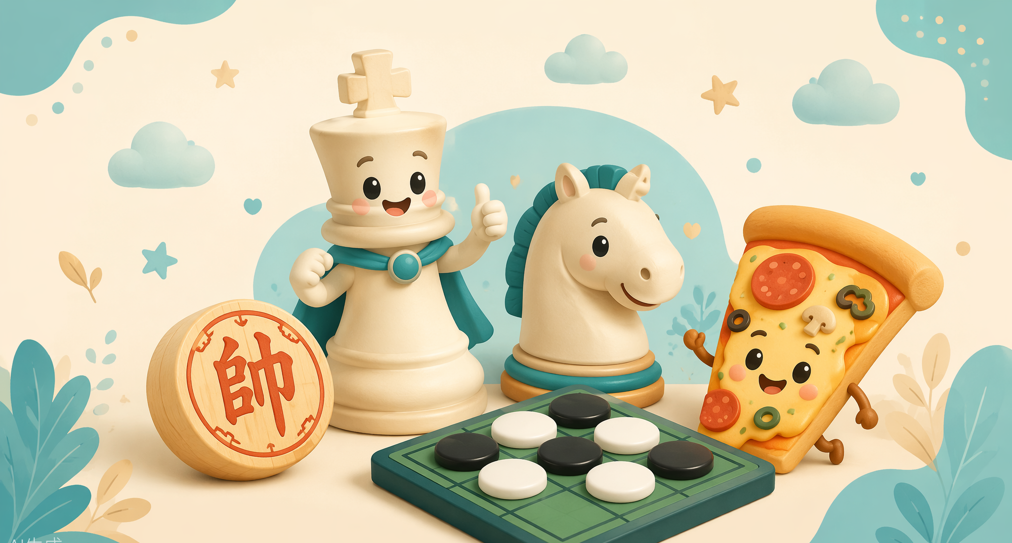 Playful illustration of the games collection: a smiling chess king and knight, a Chinese chess piece, Othello discs, and a happy pizza slice character