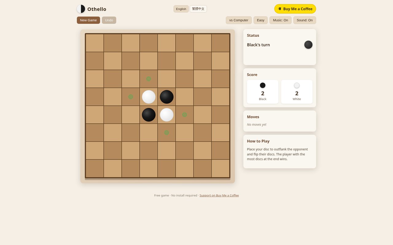 Othello (Reversi) board game with black and white discs, English interface