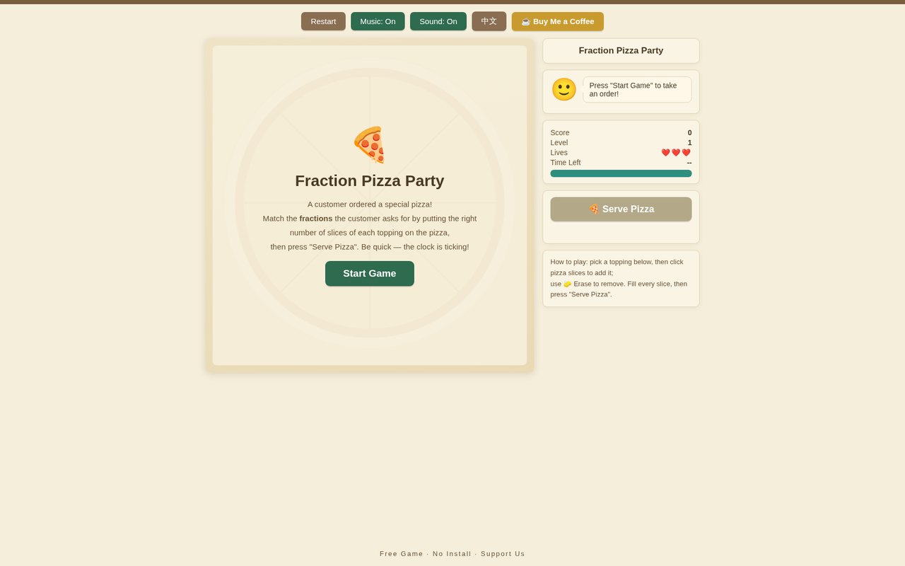 Fraction Pizza Party — a fractions practice game where kids add toppings to match the customer's order