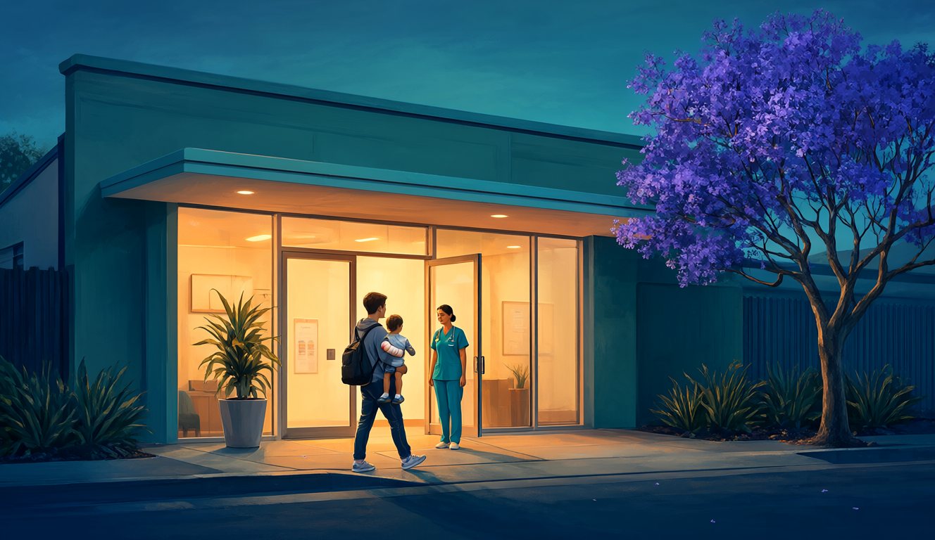 Illustration of a walk-in medical clinic at dusk with warm light through glass doors, a parent carrying a child inside and a nurse at the entrance, a jacaranda tree in flower beside it