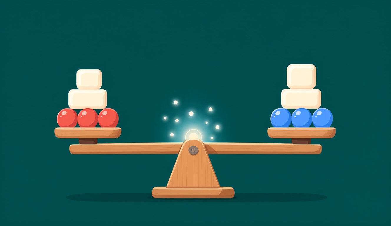 A wooden see-saw sitting level with matching stacks of blocks on both pans