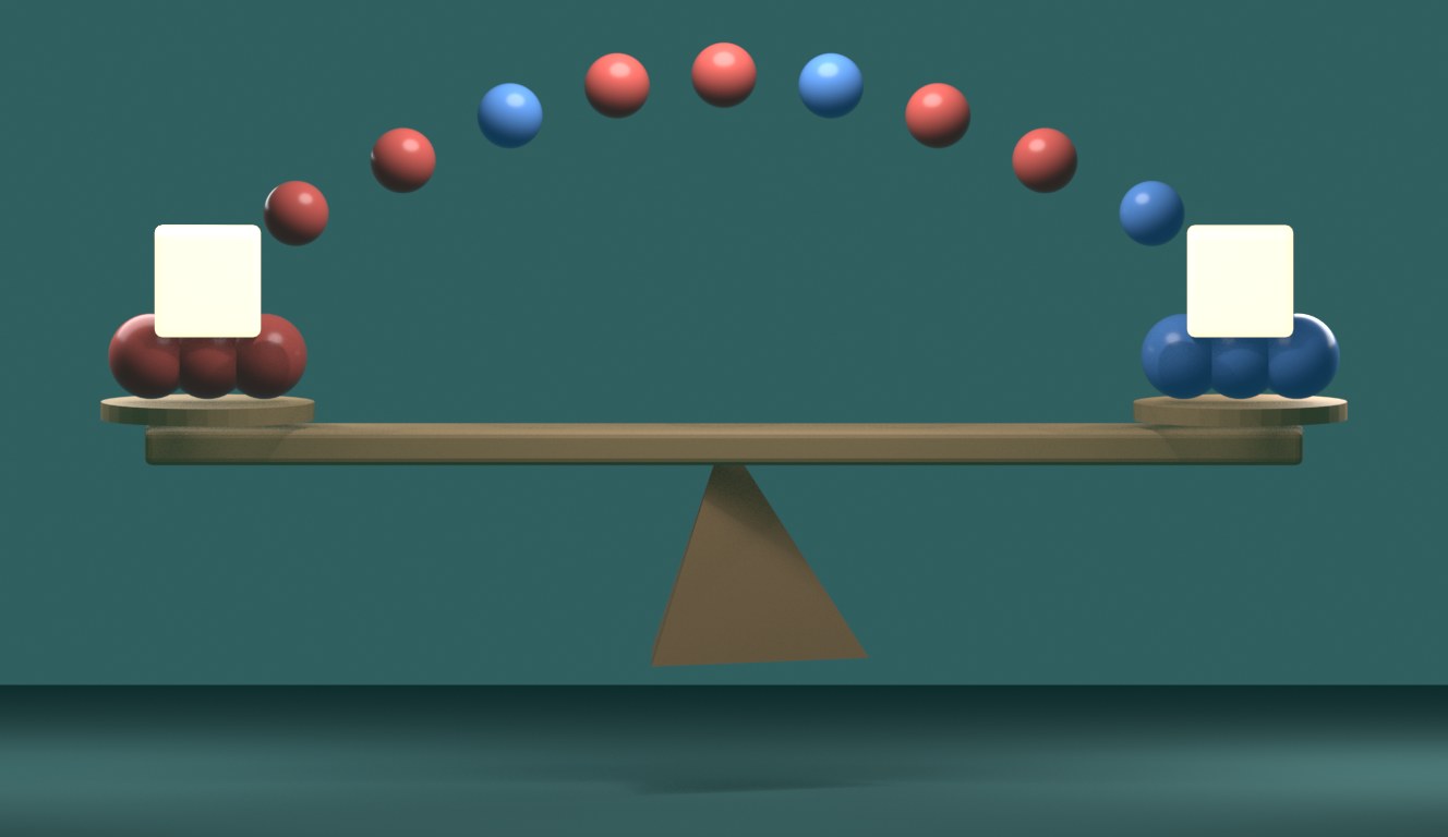A 3D wooden see-saw sitting level with red beads on the left pan and blue beads on the right pan