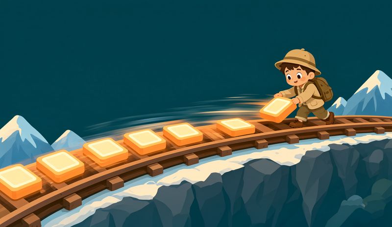 Glowing tiles sliding along a mountain track, pushed by a kid explorer