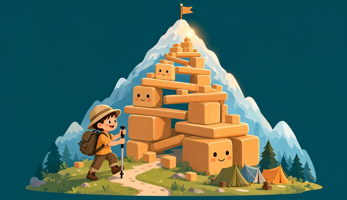 A cheerful kid explorer climbing a snowy mountain built from stacked wooden counting blocks, with tents at basecamp below
