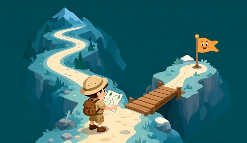 A kid explorer with a map at a fork, choosing a short bridge over a long winding trail