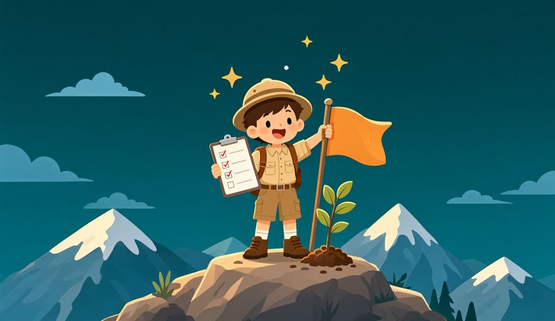 A kid explorer celebrating on a mountain summit with a flag and a ticked checklist