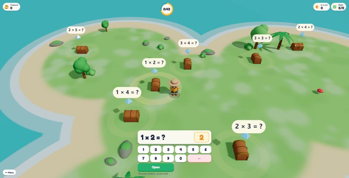 The explorer standing next to a treasure chest on Jungle Island with the sum 1 × 2 typed in and a green Open button