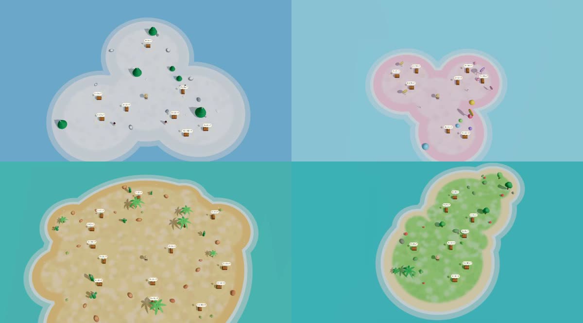 Four island maps seen from above: a snowy three-lobed island, a pink candy island, a large desert island and a long jungle island