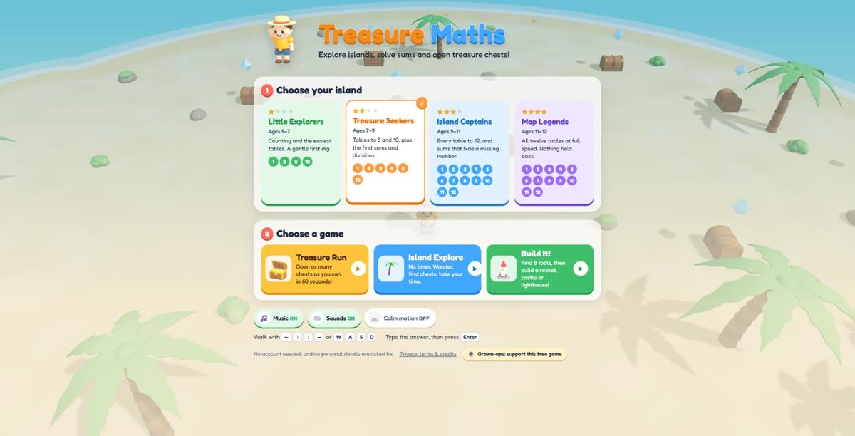 Treasure Maths menu with four island cards (Little Explorers, Treasure Seekers, Island Captains, Map Legends) and three game buttons