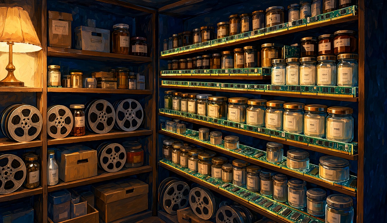 A pantry whose shelves are glowing computer memory sticks, packed with jars of light and film reels, one shelf nearly full