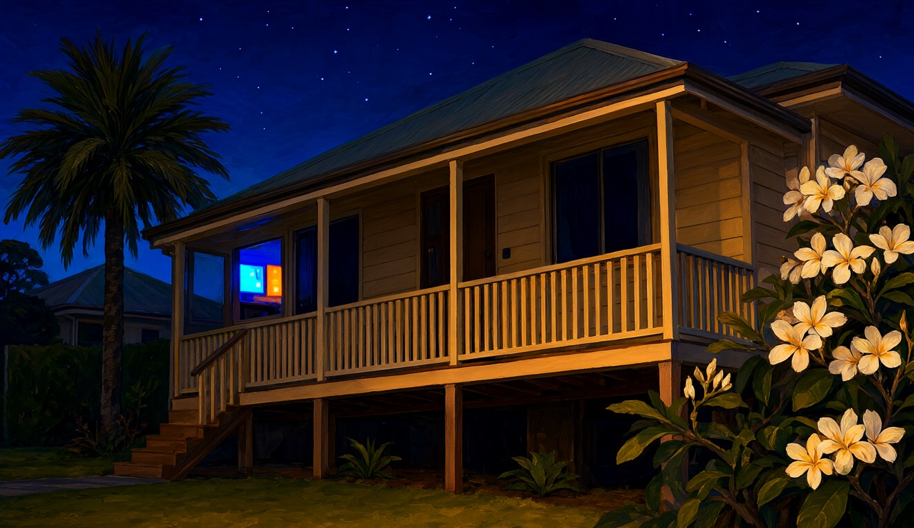 A Queenslander house at night with a timber veranda and a palm tree, all windows dark except one small study window glowing with screen light