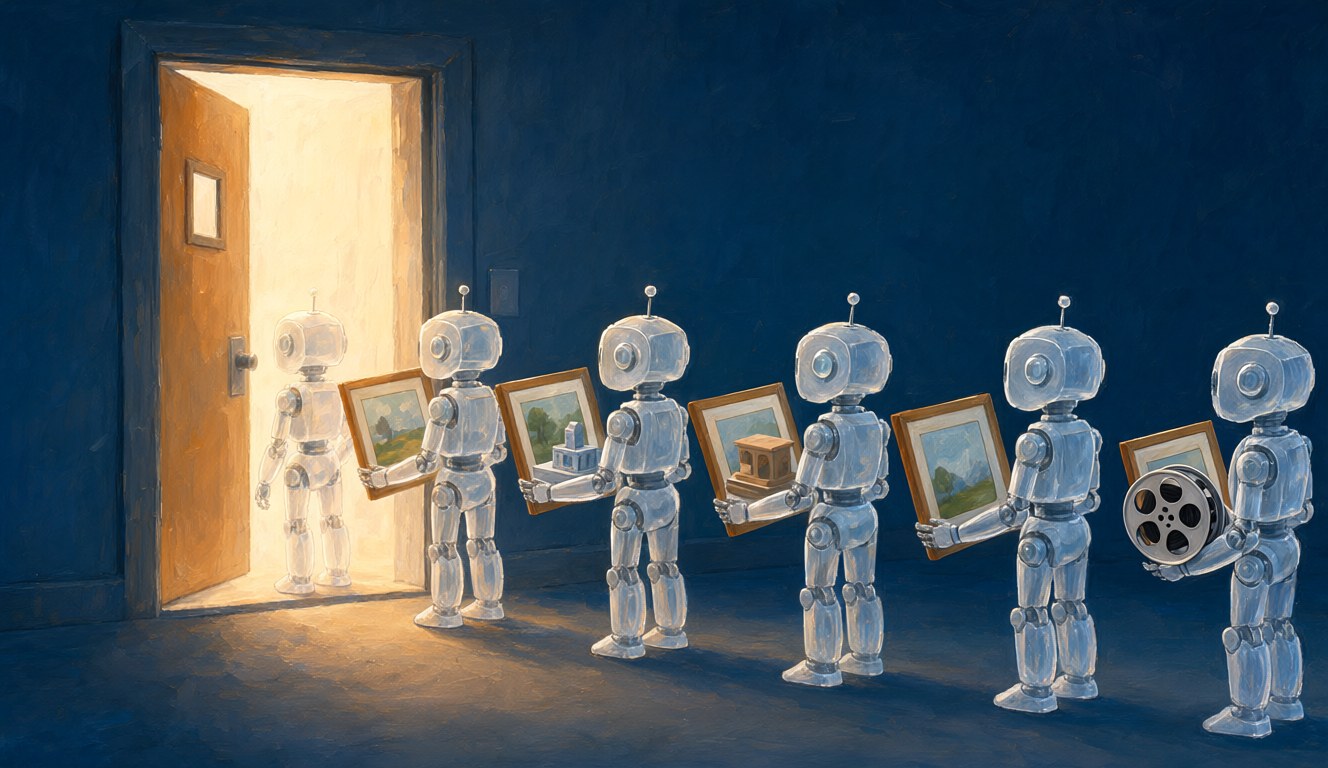 A queue of small translucent robots carrying picture frames, film reels and 3D models, waiting to pass one at a time through a single glowing doorway