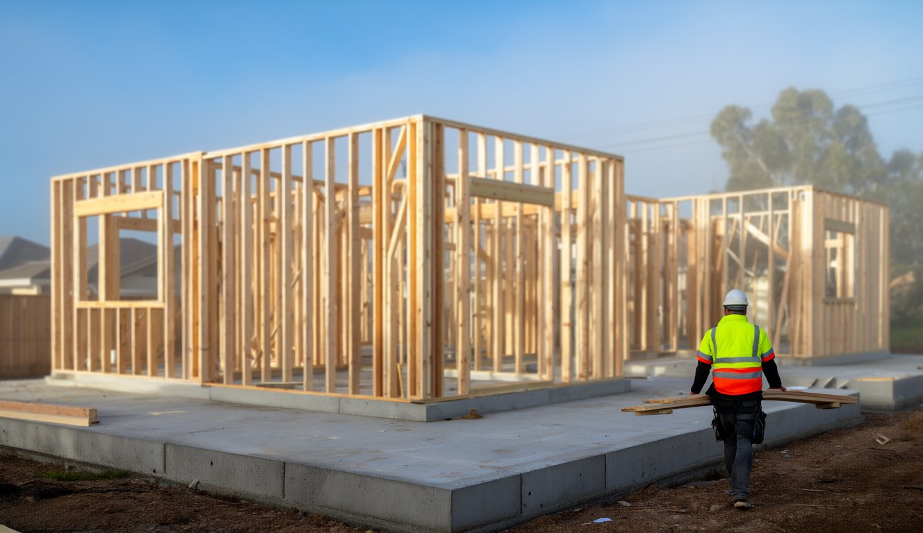A builder carries timber past new house frames on concrete slabs in the early morning