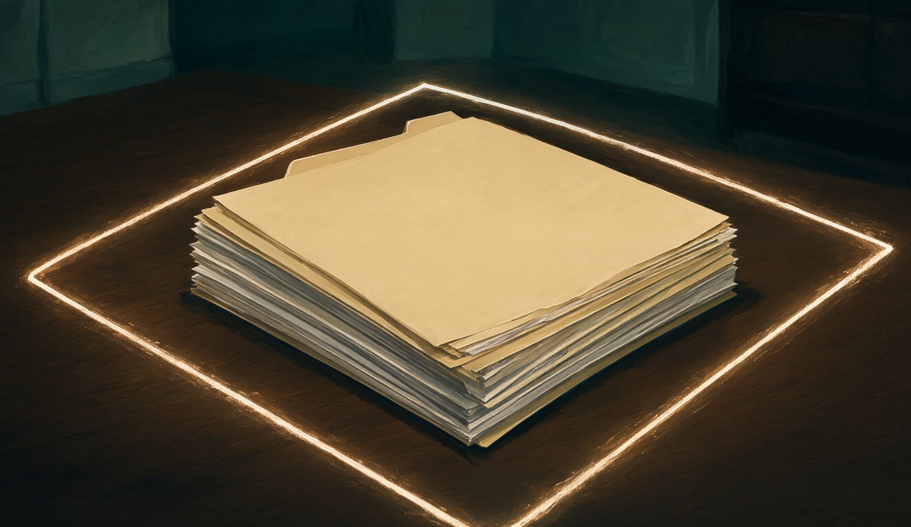 A stack of paper folders on a dark desk inside a thin glowing square boundary of light, the edge of the light clearly marking where the files may go