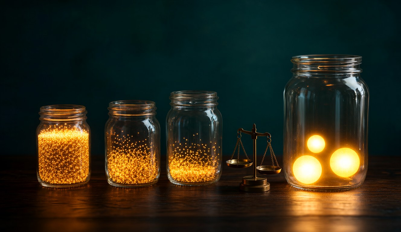 Four glass jars of glowing tokens: small models give many tokens per dollar, large models give few