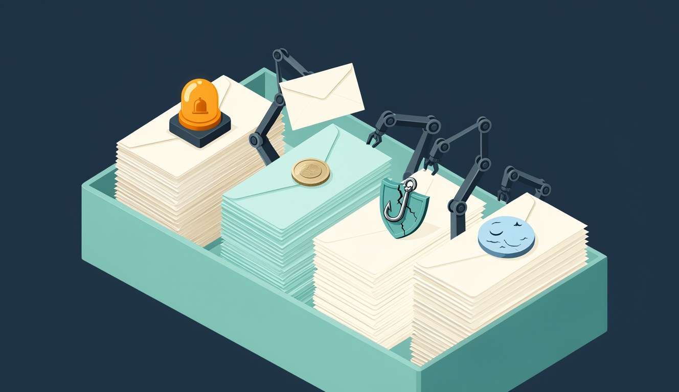 An overflowing email inbox being split into urgent, billing, spam and later piles by a small decision engine