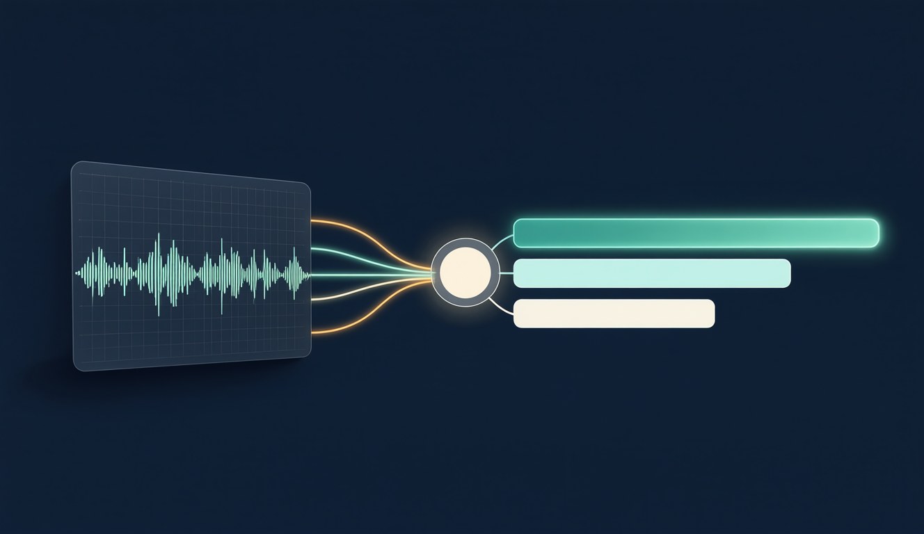 An audio waveform feeding one decision node that outputs three probability bars, the longest one glowing