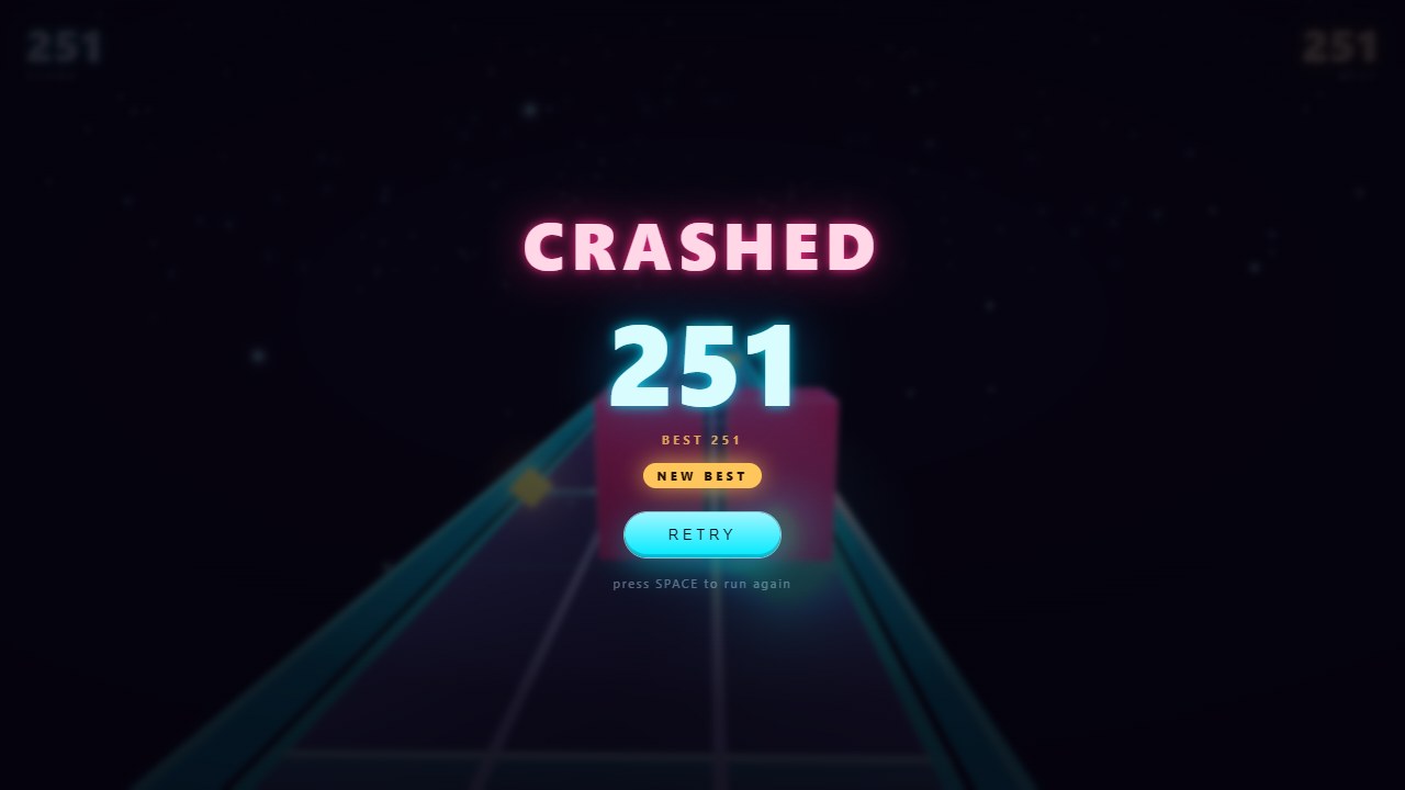 Neon Runner game over screen: CRASHED, a score of 251, a NEW BEST badge and a Retry button
