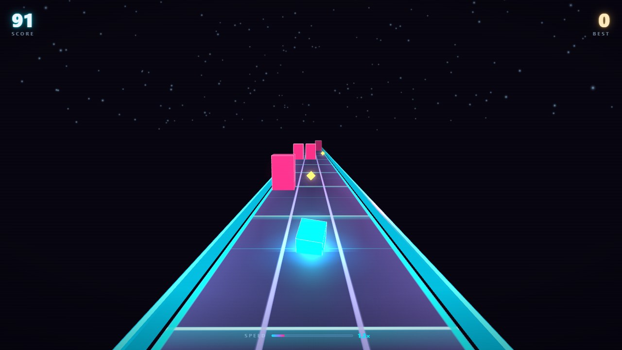 Neon Runner gameplay: the cyan player cube runs down the middle lane toward magenta walls and a gold orb, with the score and speed bar on screen