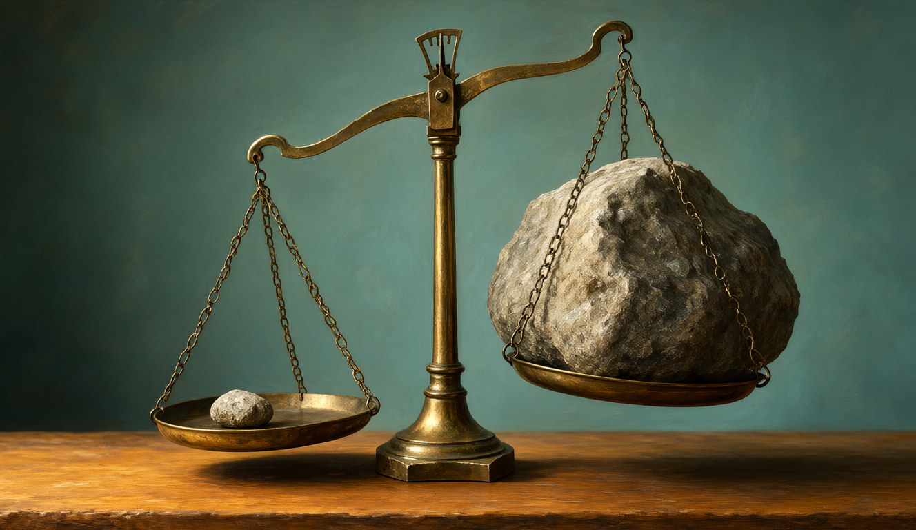 An antique balance scale with a small pebble on one side and a huge boulder on the other