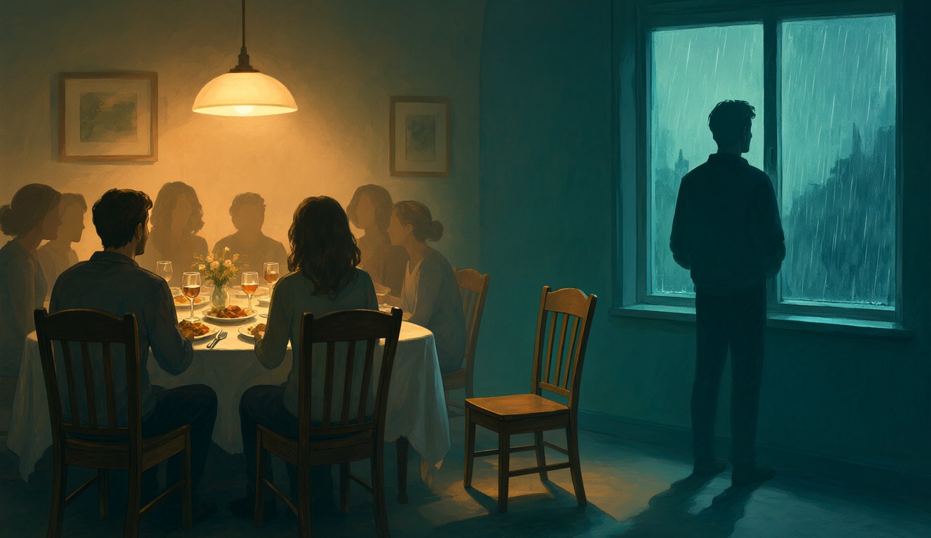 Friends share a warm dinner while one person stands apart by a rainy window, next to an empty chair