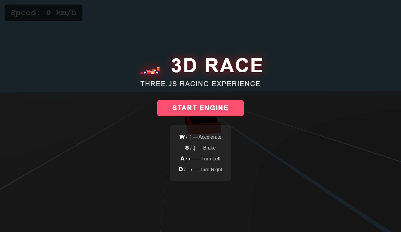 Start screen of the racing game Flint made: a 3D RACE title, a START ENGINE button and keyboard controls