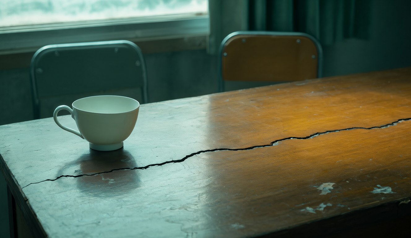A white teacup on an old wooden table with a long crack running across it, two empty chairs behind