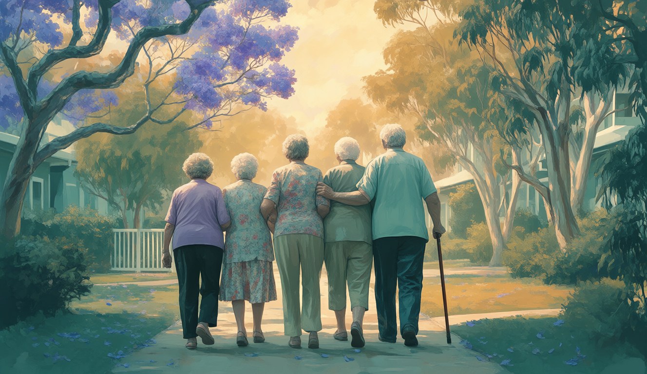 Elderly friends seen from behind walking arm in arm along a garden path in a Brisbane retirement village at golden hour