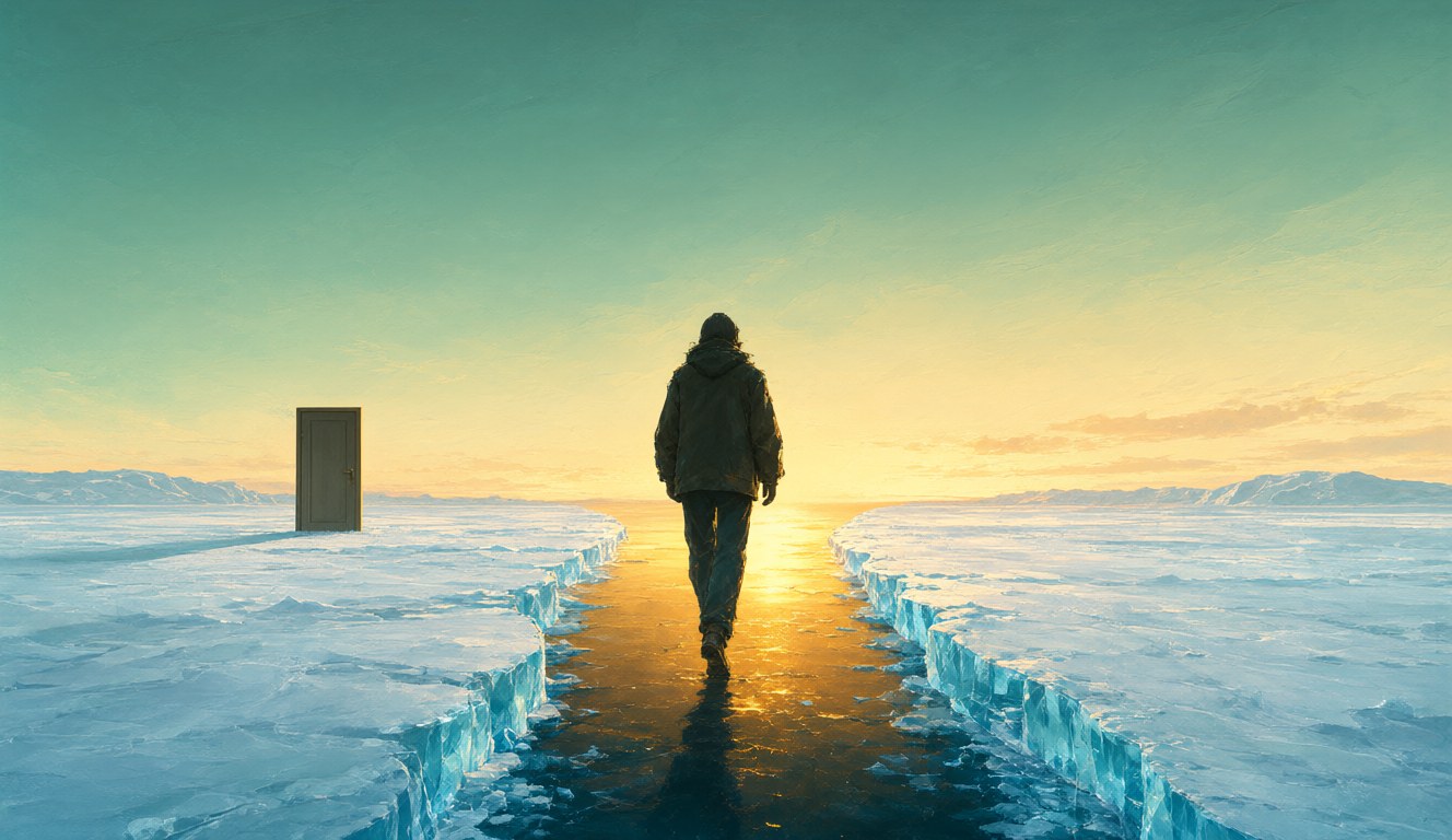 A figure walks a glowing path through the ice towards the dawn, leaving a lone door behind