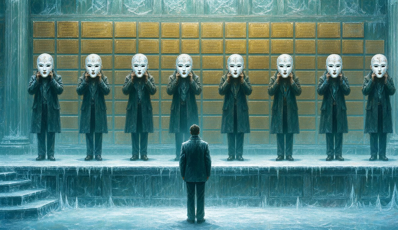 A frosted hall where elegant figures hold porcelain masks on a stage, with one plain figure standing below