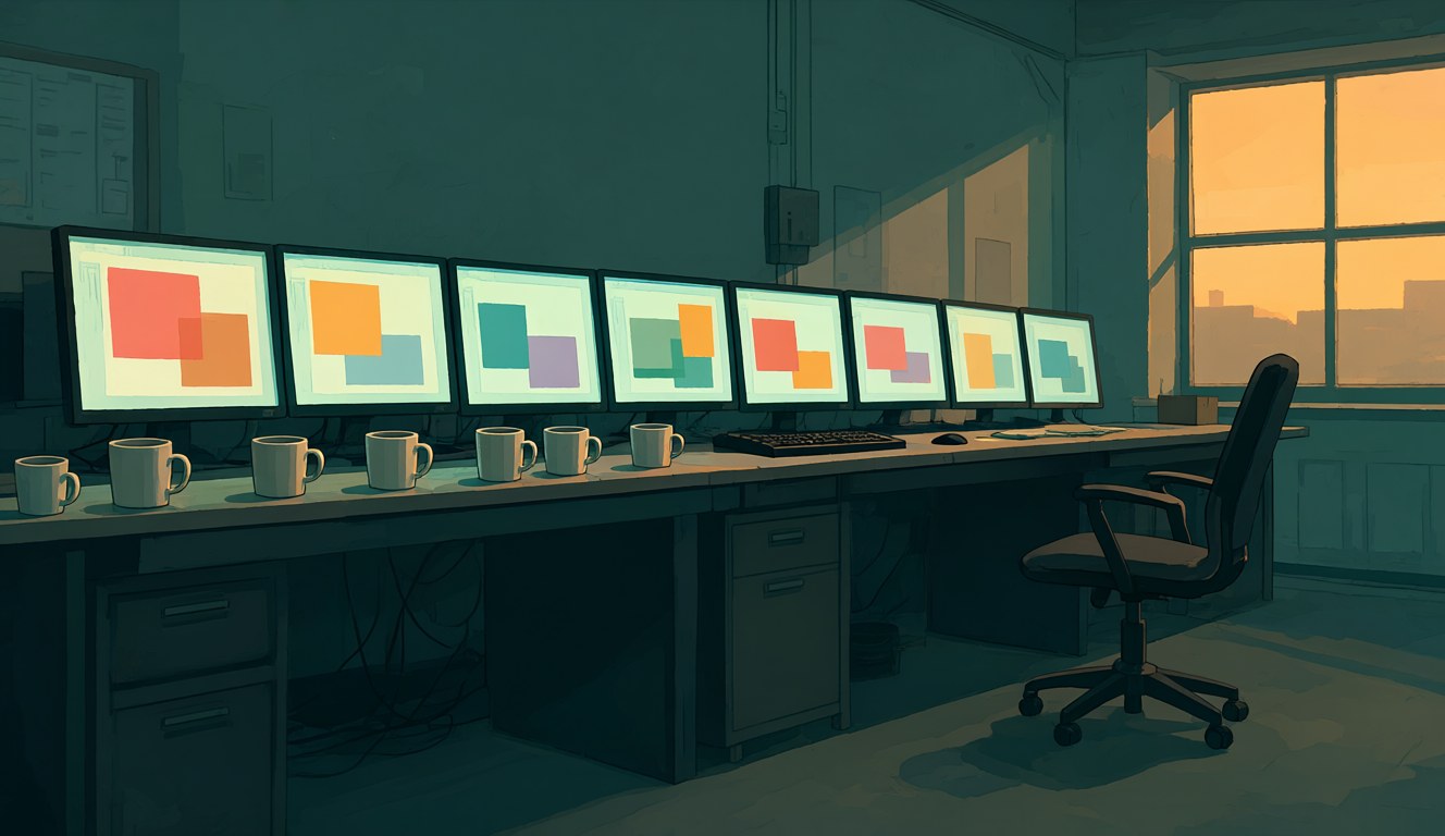 A dim engineering workshop at dawn with a long desk of glowing monitors, empty coffee mugs and an empty chair, the work carrying on by itself