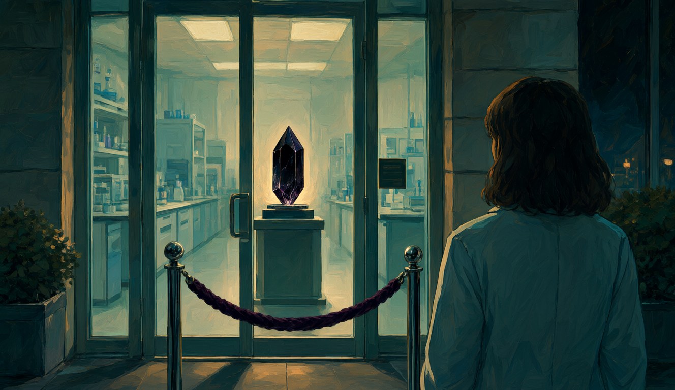 A person seen from behind standing outside a tall glass lab door at night, a glowing dark crystal on a pedestal inside, a velvet rope blocking the way