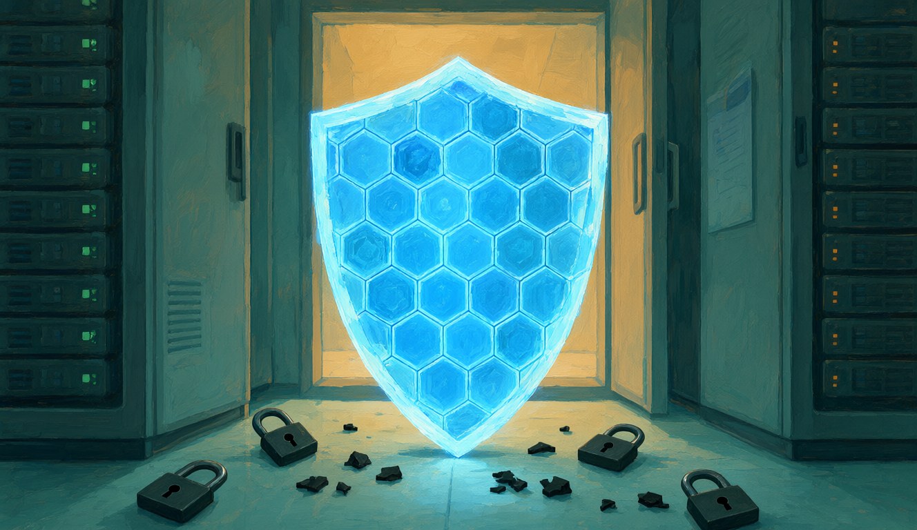 A glowing blue shield made of hexagon tiles standing in a lit doorway between server racks, with padlocks and broken dark fragments on the floor