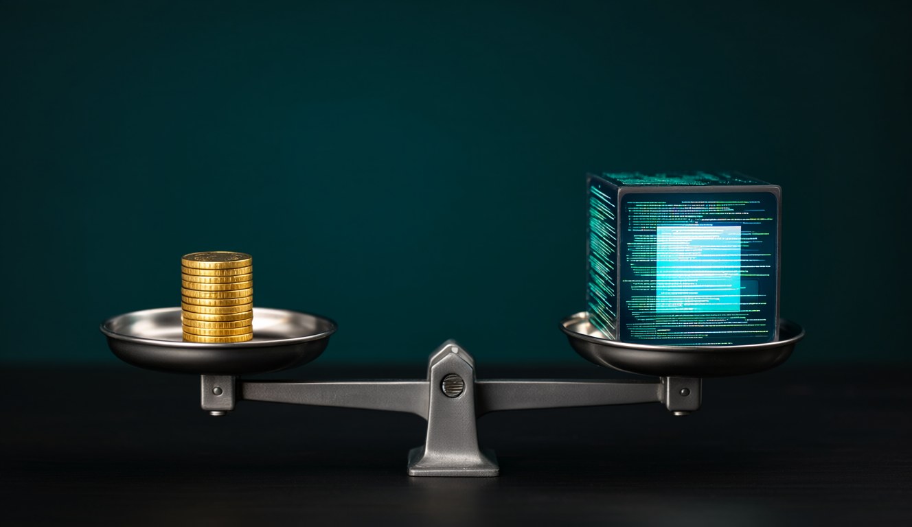 A balance scale on a dark desk with a small stack of gold coins on one side and a glowing cube of terminal code on the other