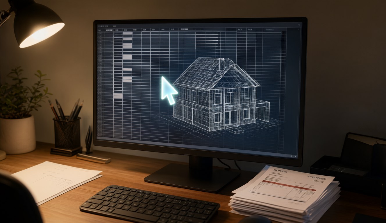 A home office desk at night with a monitor showing a spreadsheet grid and a 3D wireframe house being built, a glowing cursor moving on its own and a stack of paper invoices beside the keyboard
