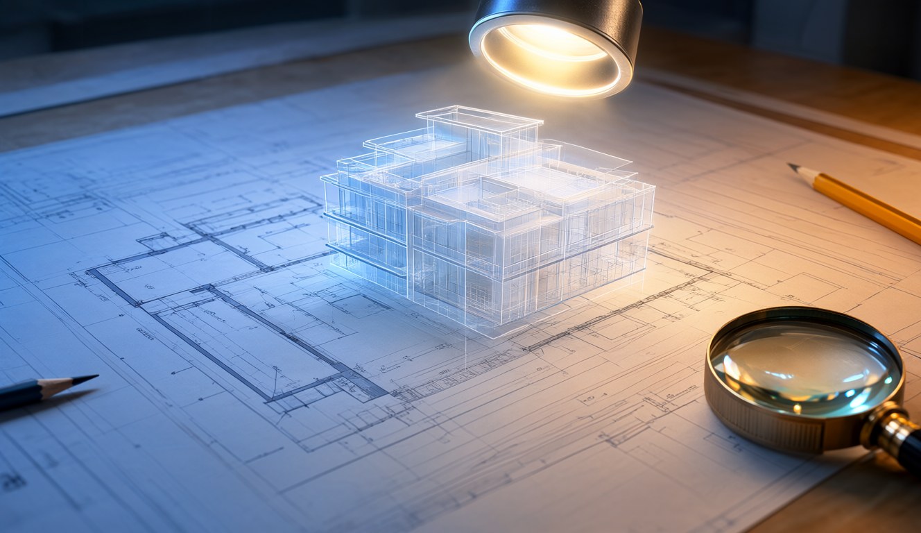An architectural blueprint on a drafting table with a glowing lens above it turning the flat floor plan into a floating translucent 3D building model