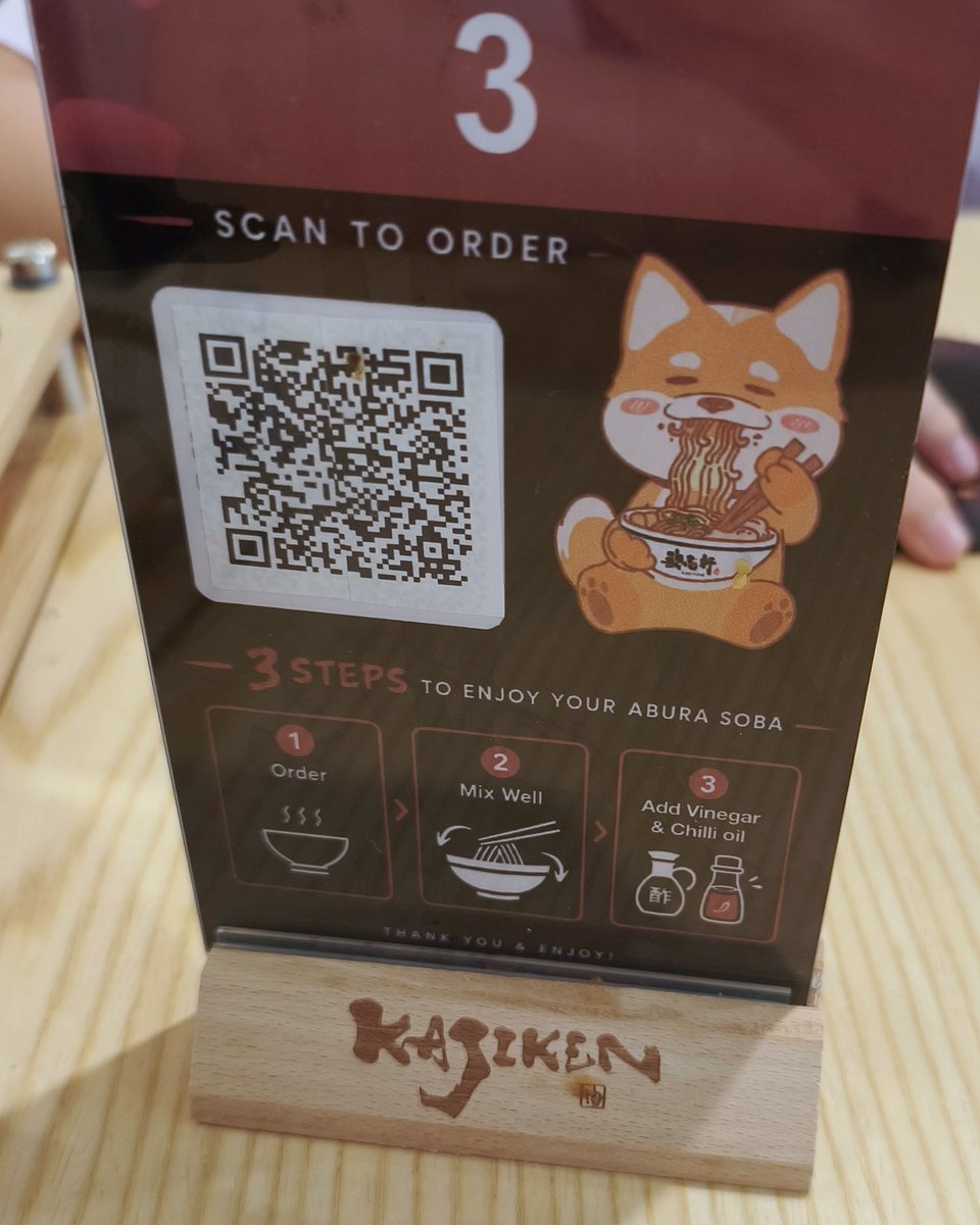 Kajiken Brisbane table stand: scan the QR code to order, then three steps to enjoy abura soba