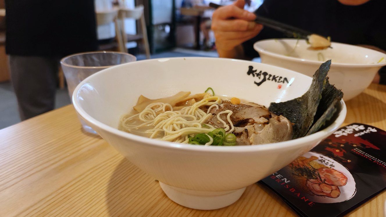 Tonkotsu ramen at Kajiken Brisbane on Creek Street, with chashu, nori, bamboo shoots and spring onion