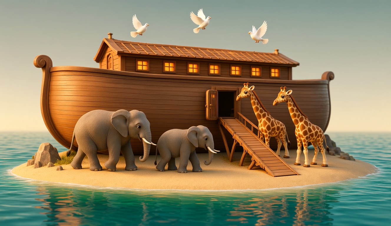 Pairs of elephants and giraffes crossing a sandy island toward a lowered ramp on a wooden ark