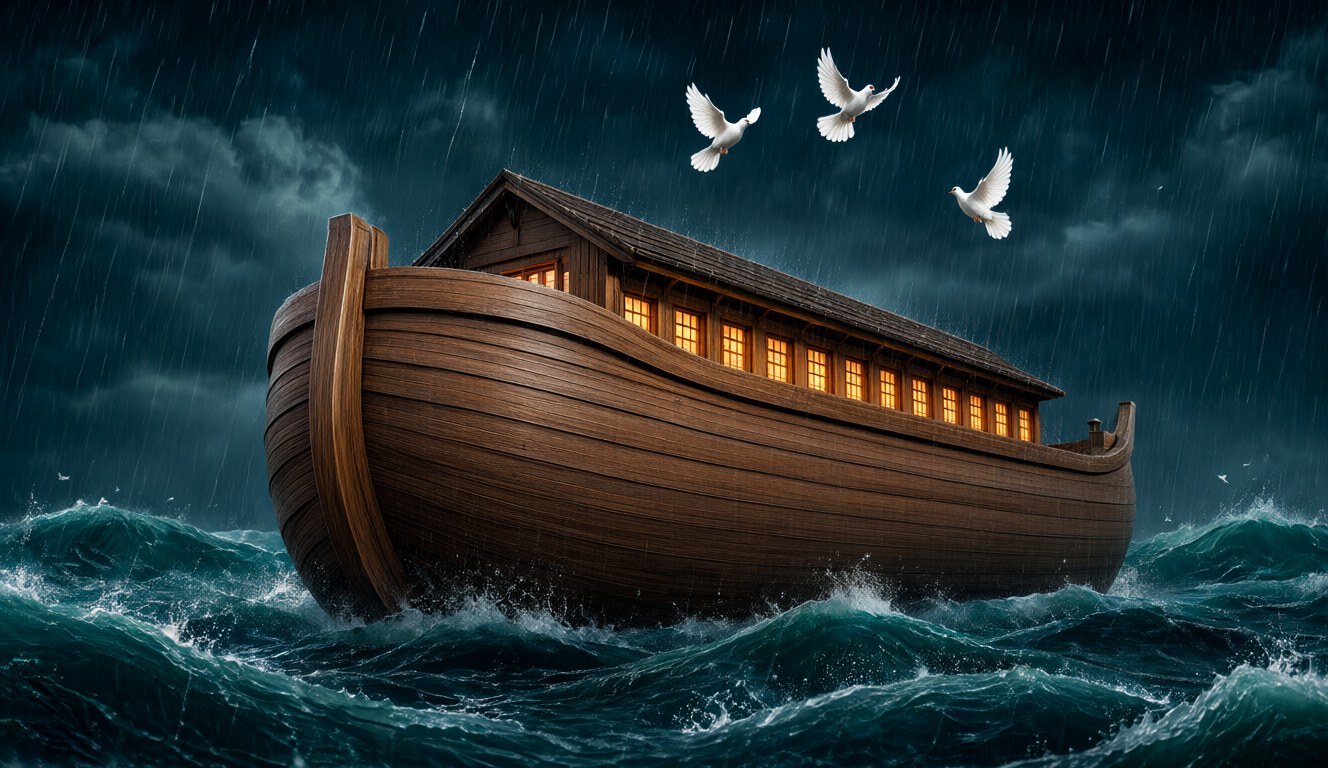 The closed bow of a wooden ark in a dark rainstorm, with amber cabin windows and rough teal waves