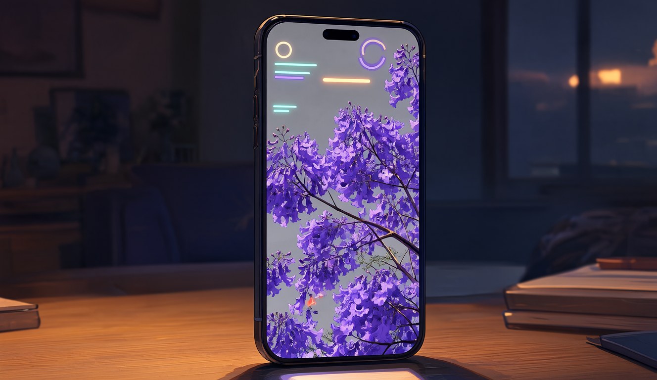 A phone standing on a desk, its vertical screen filled with a purple jacaranda canopy and glowing rings and bars over the picture