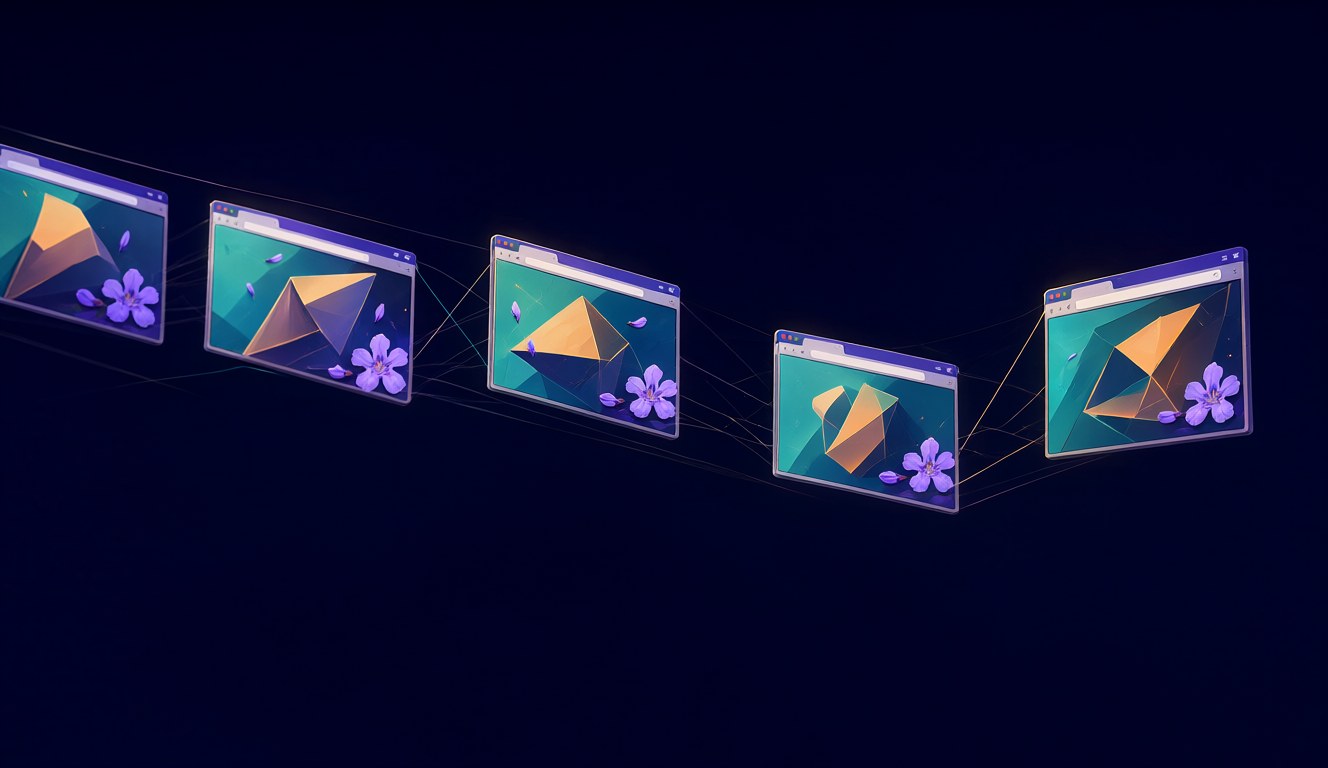 Browser windows in a row like film frames, each showing abstract shapes and purple flowers, joined by thin light lines