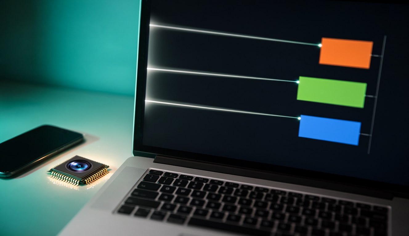 A small chip with a camera lens beside a laptop showing a bar chart