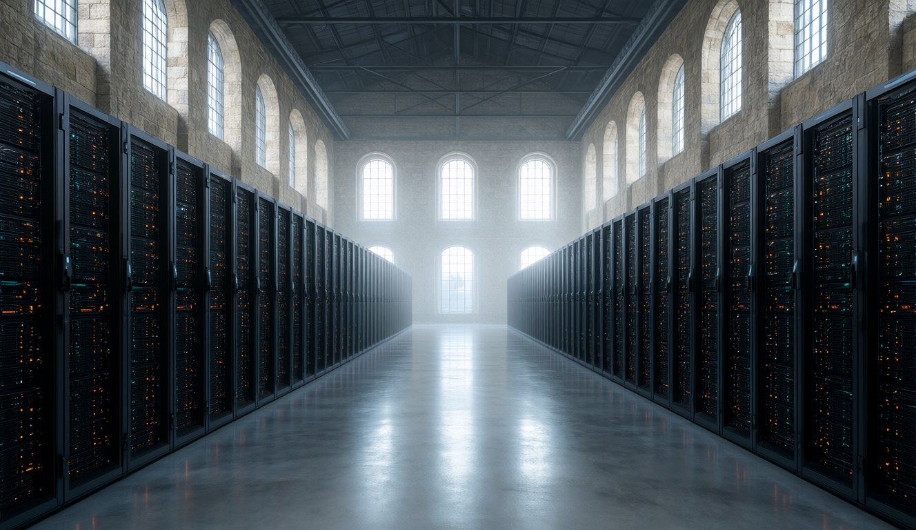 A datacentre built inside an old European stone building, standing for Mistral